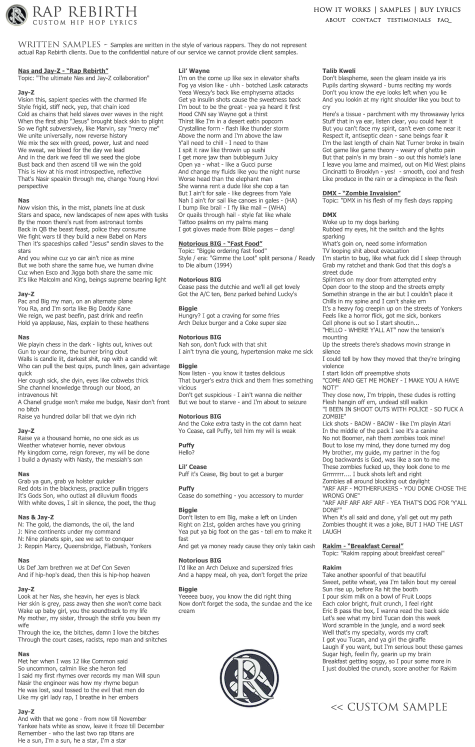Samples of Rap Rebirth's hip-hop rap lyrics Jay-Z Nas Lil Wayne Talib Kweli